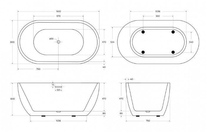 Акриловая ванна BELBAGNO BB70-1500-800-W/NM Белый Глянец внутри, черный матовый снаружи