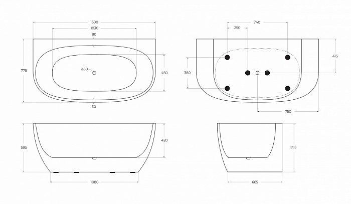 Акриловая ванна без перелива BELBAGNO BB83-1500-W0