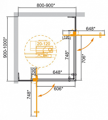 Душевой уголок CEZARES SLIDER AH-2, SLIDER-AH-2-90/100-100/110-GRIGIO-NERO