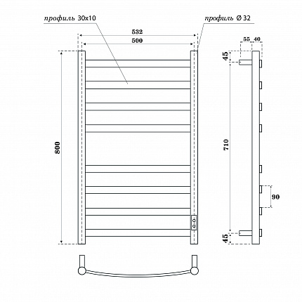 Полотенцесушитель электрический Point Антея П8 500x800, диммер справа, черный